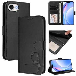 For iPhone 16e Litter Panda Embossing RFID Leather Phone Case with Lanyard(Black)