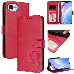 For iPhone 16e Litter Panda Embossing RFID Leather Phone Case with Lanyard(Rose Red)