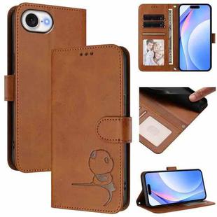 For iPhone 16e Litter Panda Embossing RFID Leather Phone Case with Lanyard(Brown)