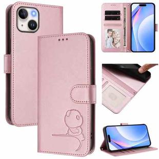 For iPhone 14 / 13 Litter Panda Embossing RFID Leather Phone Case with Lanyard(Pink)