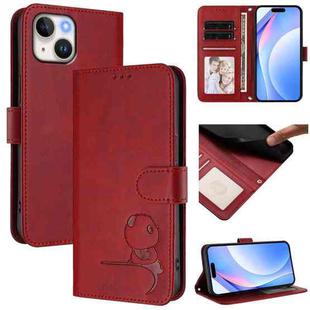 For iPhone 14 / 13 Litter Panda Embossing RFID Leather Phone Case with Lanyard(Wine Red)