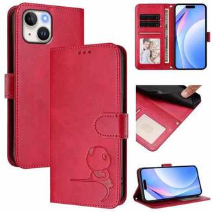 For iPhone 14 / 13 Litter Panda Embossing RFID Leather Phone Case with Lanyard(Rose Red)