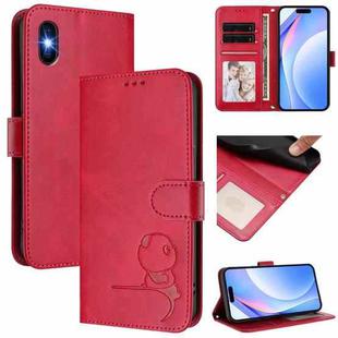 For iPhone X / XS Litter Panda Embossing RFID Leather Phone Case with Lanyard(Rose Red)