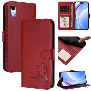 For iPhone XR Litter Panda Embossing RFID Leather Phone Case with Lanyard(Wine Red)
