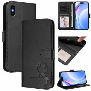 For iPhone XS Max Litter Panda Embossing RFID Leather Phone Case with Lanyard(Black)
