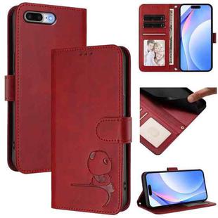 For iPhone 8 Plus / 7 Plus Litter Panda Embossing RFID Leather Phone Case with Lanyard(Wine Red)