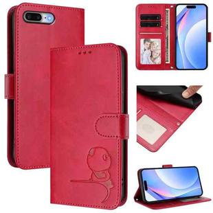 For iPhone 8 Plus / 7 Plus Litter Panda Embossing RFID Leather Phone Case with Lanyard(Rose Red)