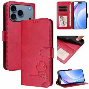 For iPhone 17 Pro Max Litter Panda Embossing RFID Leather Phone Case with Lanyard(Rose Red)
