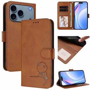 For iPhone 17 Pro Max Litter Panda Embossing RFID Leather Phone Case with Lanyard(Brown)