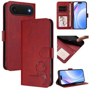 For iPhone 17 Air Litter Panda Embossing RFID Leather Phone Case with Lanyard(Wine Red)