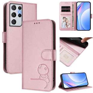For Samsung Galaxy S21 Ultra 5G Litter Panda Embossing RFID Leather Phone Case with Lanyard(Pink)