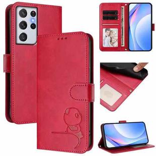 For Samsung Galaxy S21 Ultra 5G Litter Panda Embossing RFID Leather Phone Case with Lanyard(Rose Red)