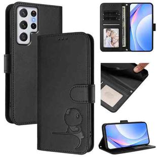 For Samsung Galaxy S22 Ultra 5G Litter Panda Embossing RFID Leather Phone Case with Lanyard(Black)