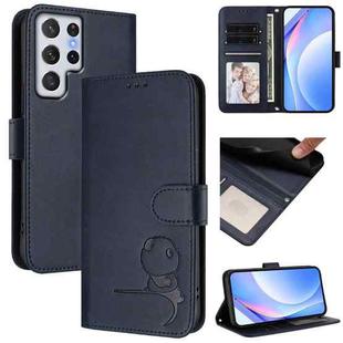 For Samsung Galaxy S22 Ultra 5G Litter Panda Embossing RFID Leather Phone Case with Lanyard(Blue)