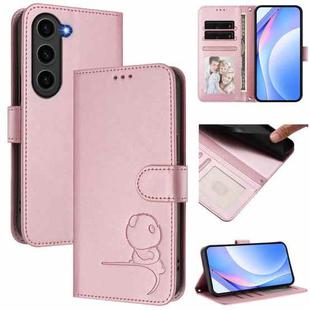 For Samsung Galaxy S23 5G Litter Panda Embossing RFID Leather Phone Case with Lanyard(Pink)