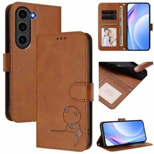 For Samsung Galaxy S23 5G Litter Panda Embossing RFID Leather Phone Case with Lanyard(Brown)