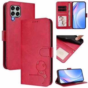 For Samsung Galaxy M33 5G Litter Panda Embossing RFID Leather Phone Case with Lanyard(Rose Red)