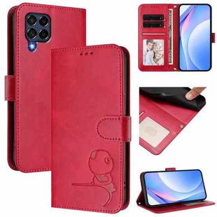 For Samsung Galaxy M53 5G Litter Panda Embossing RFID Leather Phone Case with Lanyard(Rose Red)