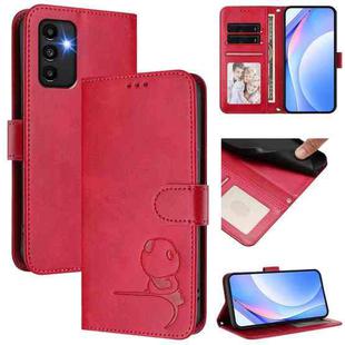 For Samsung Galaxy A13 5G / 4G Litter Panda Embossing RFID Leather Phone Case with Lanyard(Rose Red)