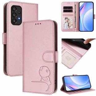 For Samsung Galaxy A33 5G Litter Panda Embossing RFID Leather Phone Case with Lanyard(Pink)