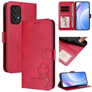 For Samsung Galaxy A33 5G Litter Panda Embossing RFID Leather Phone Case with Lanyard(Rose Red)