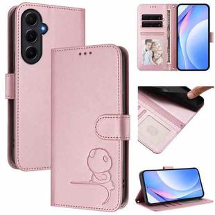 For Samsung Galaxy A55 5G Litter Panda Embossing RFID Leather Phone Case with Lanyard(Pink)