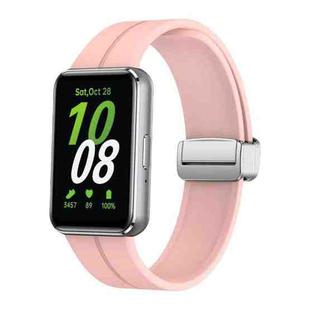 For Samsung Galaxy Fit 3 Magnetic Fold Silver Buckle Silicone Watch Band(Light Pink)