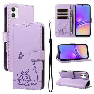 For Samsung Galaxy A07 5G Adorable Cat Embossed Pattern Flip Leather Phone Case(Purple)