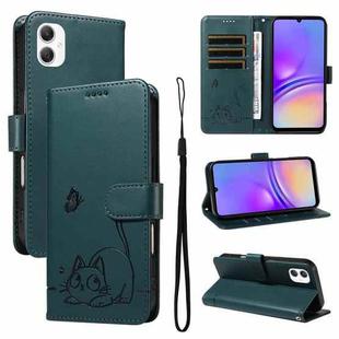 For Samsung Galaxy A07 5G Adorable Cat Embossed Pattern Flip Leather Phone Case(Dark Green)