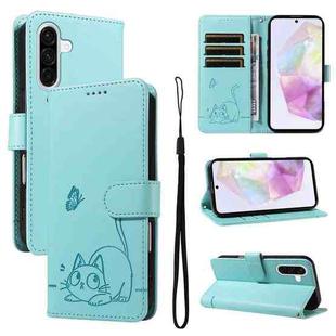 For Samsung Galaxy A36 5G / M56 5G Adorable Cat Embossed Pattern Flip Leather Phone Case(Green)