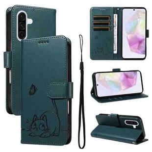 For Samsung Galaxy A36 5G / M56 5G Adorable Cat Embossed Pattern Flip Leather Phone Case(Dark Green)