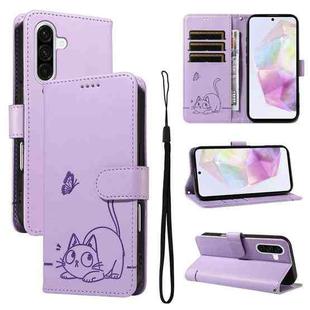 For Samsung Galaxy A56 5G Adorable Cat Embossed Pattern Flip Leather Phone Case(Purple)
