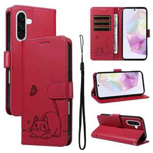 For Samsung Galaxy A56 5G Adorable Cat Embossed Pattern Flip Leather Phone Case(Red)