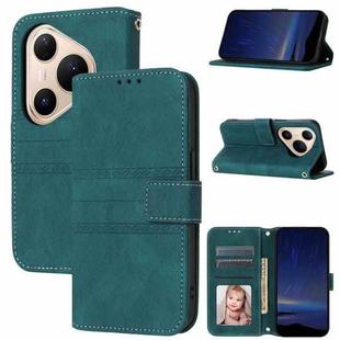 For Huawei Pura 80 5G Embossed Stripes Skin Feel Leather Phone Case(Dark Green)