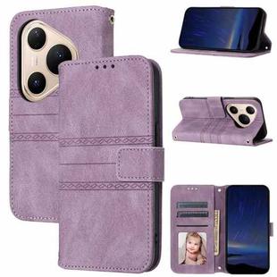 For Huawei Pura 80 5G Embossed Stripes Skin Feel Leather Phone Case(Light Purple)