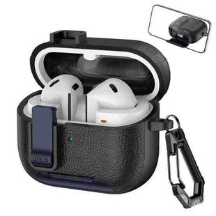 For Samsung Galaxy Buds3 / Buds3 Pro Leather Texture Wireless Earphones Case with Hook & Holder(Black Dark Blue)