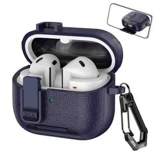 For Samsung Galaxy Buds3 / Buds3 Pro Leather Texture Wireless Earphones Case with Hook & Holder(Dark Blue)
