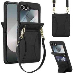 For Samsung Galaxy Z Flip5 Integrated Fold Holder Card Slot Phone Case with Long & Short Lanyard(Black)