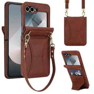For Samsung Galaxy Z Flip5 Integrated Fold Holder Card Slot Phone Case with Long & Short Lanyard(Brown)
