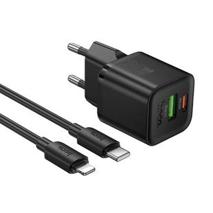 hoco N65 Ingenious GaN PD20W Type-C and QC3.0USB Charger with 1m Type-C to 8 Pin Cable, EU Plug(Black)