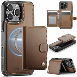 For iPhone 16 Pro Max JEEHOOD J09 Buckle Card Bag MagSafe Magnetic Style RFID Leather Phone Case(Brown)