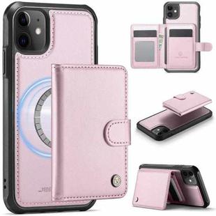 For iPhone 12 / 12 Pro JEEHOOD J09 Buckle Card Bag MagSafe Magnetic Style RFID Leather Phone Case(Pink)
