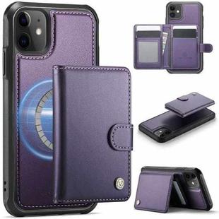 For iPhone 11 JEEHOOD J09 Buckle Card Bag MagSafe Magnetic Style RFID Leather Phone Case(Purple)