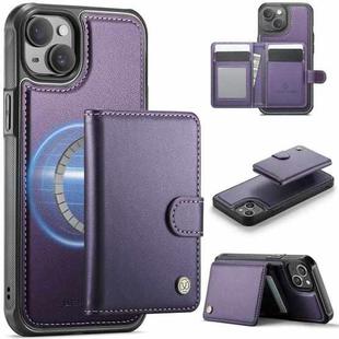 For iPhone 15 Plus / 14 Plus JEEHOOD J09 Buckle Card Bag MagSafe Magnetic Style RFID Leather Phone Case(Purple)