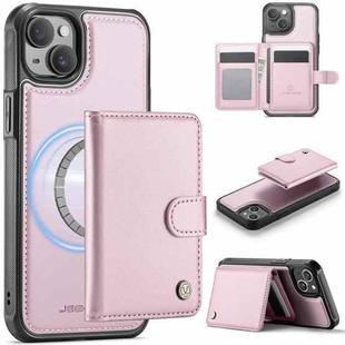 For iPhone 15 Plus / 14 Plus JEEHOOD J09 Buckle Card Bag MagSafe Magnetic Style RFID Leather Phone Case(Pink)