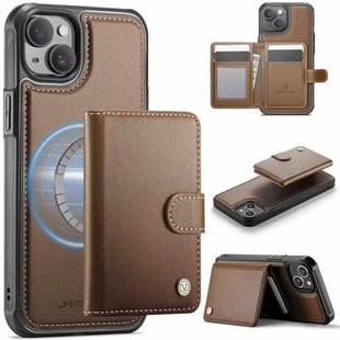 For iPhone 15 Plus / 14 Plus JEEHOOD J09 Buckle Card Bag MagSafe Magnetic Style RFID Leather Phone Case(Brown)