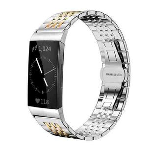 For Fitbit Charge 4 / 3 18mm xDfind Seven-bead Solid Stainless Steel Watch Band(Silver Gold)