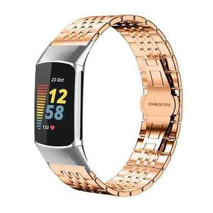 For Fitbit Charge 6 / 5 18mm xDfind Seven-bead Solid Stainless Steel Watch Band(Rose Gold)