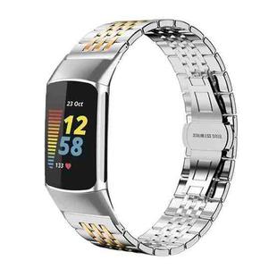 For Fitbit Charge 6 / 5 18mm xDfind Seven-bead Solid Stainless Steel Watch Band(Silver Gold)
