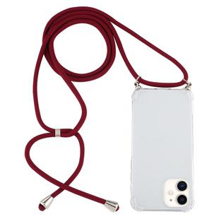 For iPhone 12 mini Four-Corner Shockproof Transparent TPU Case with Lanyard(Wine Red)